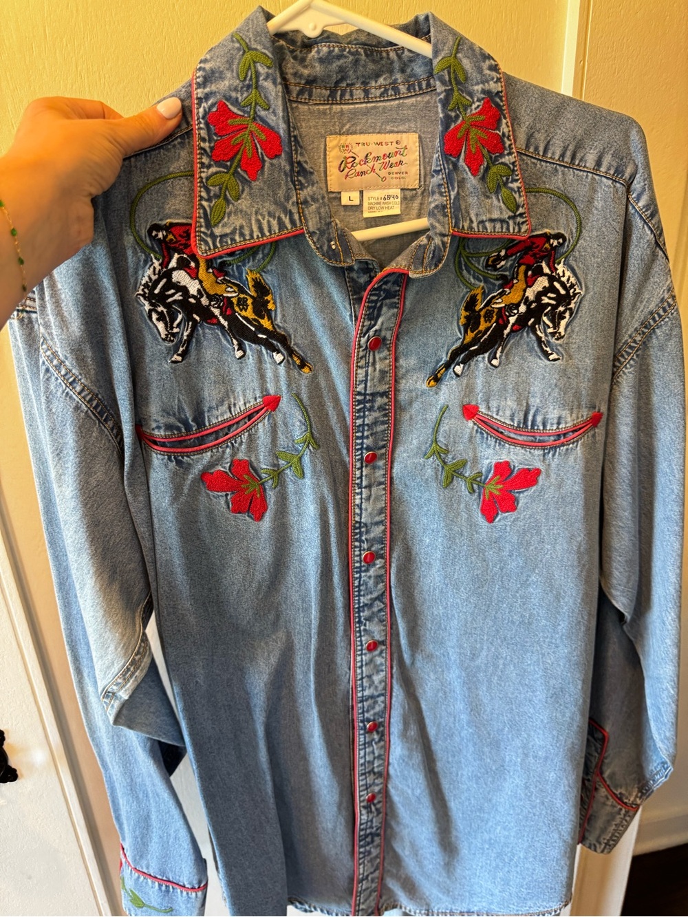 Embroidered Light Blue Vintage Denim Western Shirt with Red Accents